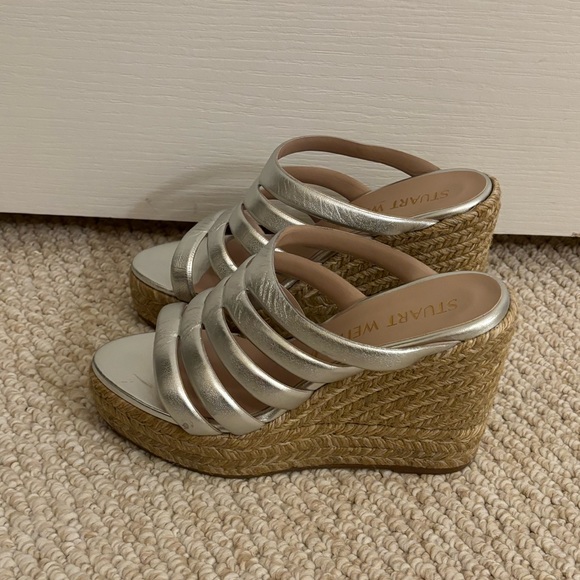 Stuart Weitzman Lilyana Espadrille Wedge Sandal Silver Metallic Heel - Picture 12 of 16